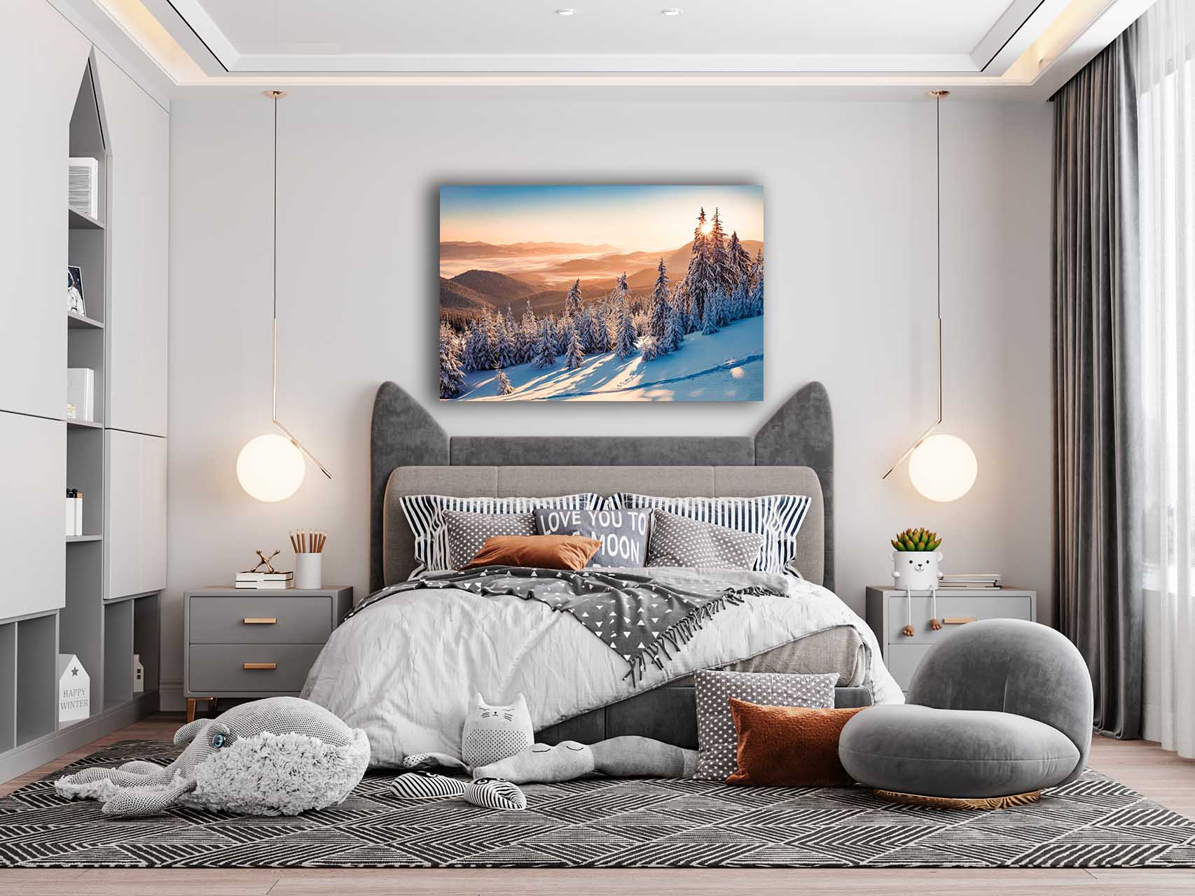 Wandbild Winterwald mit Bergen im Schlafzimmer, Natur & Landschaft Wandbild Winterwald mit Bergen im Schlafzimmer, Natur & Landschaft