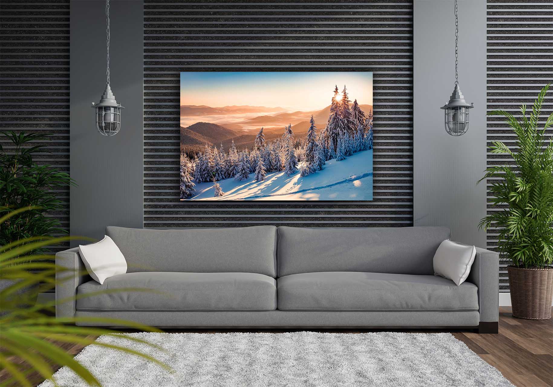 Wandbild Winterwald mit Bergen im Wohnzimmer, Natur & Landschaft Wandbild Winterwald mit Bergen im Wohnzimmer, Natur & Landschaft