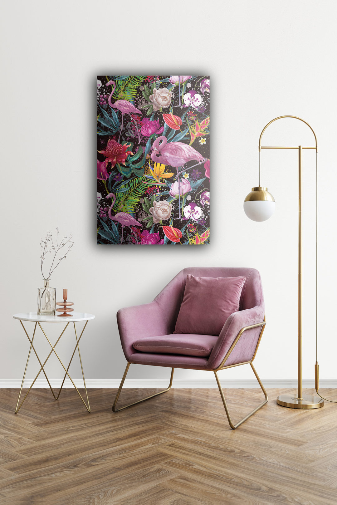 Wandbild exotischer Flamingo mit Blüten - Flur