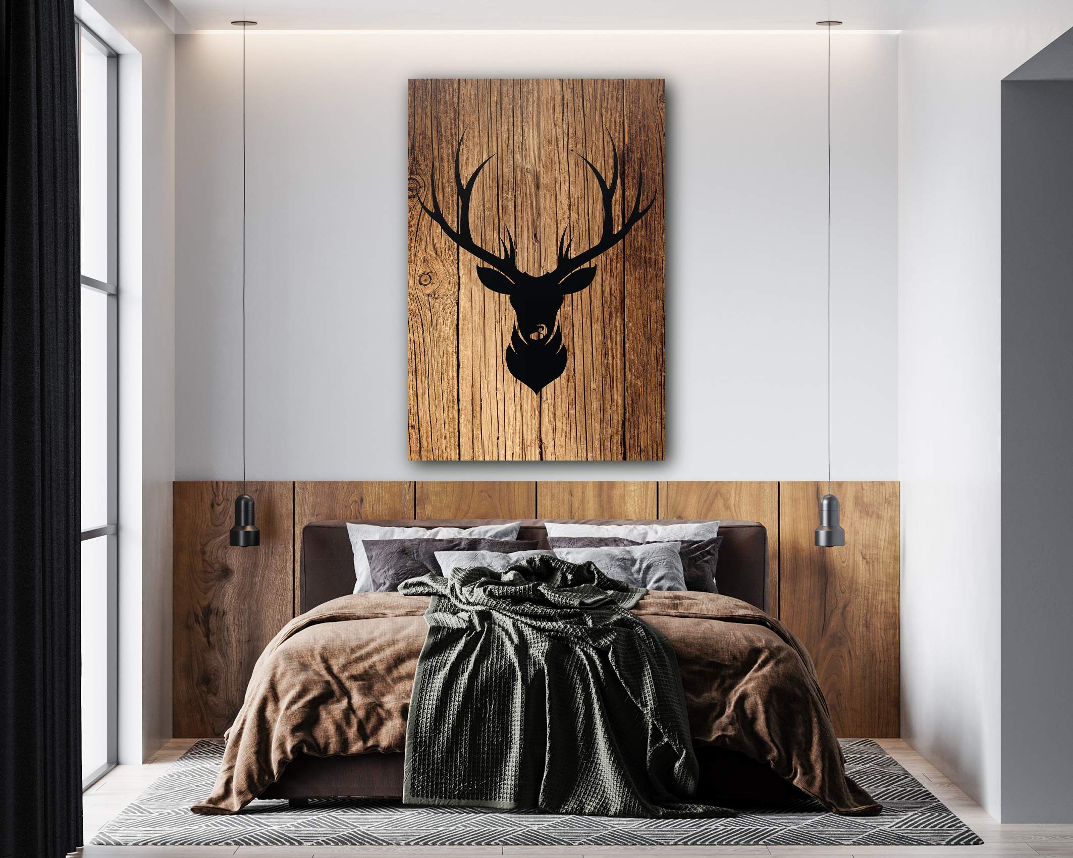 Wandbild Hirsch Silhouette Holz Schlafzimmer