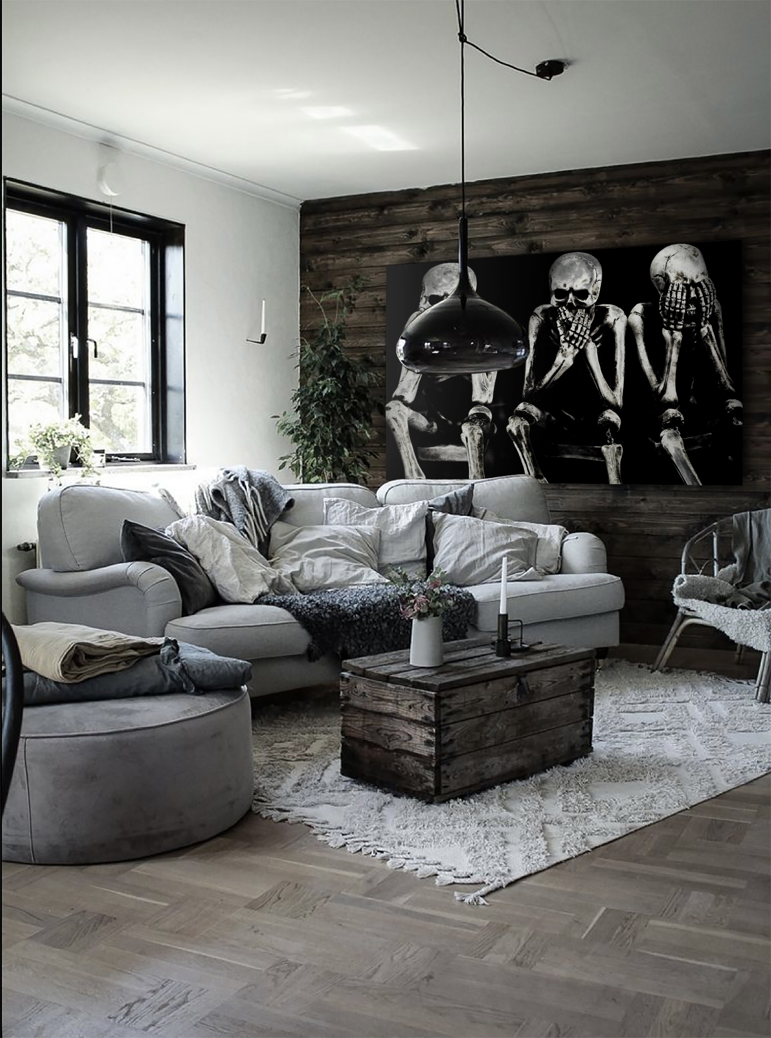 wandbild-alt-skelette-wohnzimmer Wandbild Das dunkle Trio - Wohnzimmer