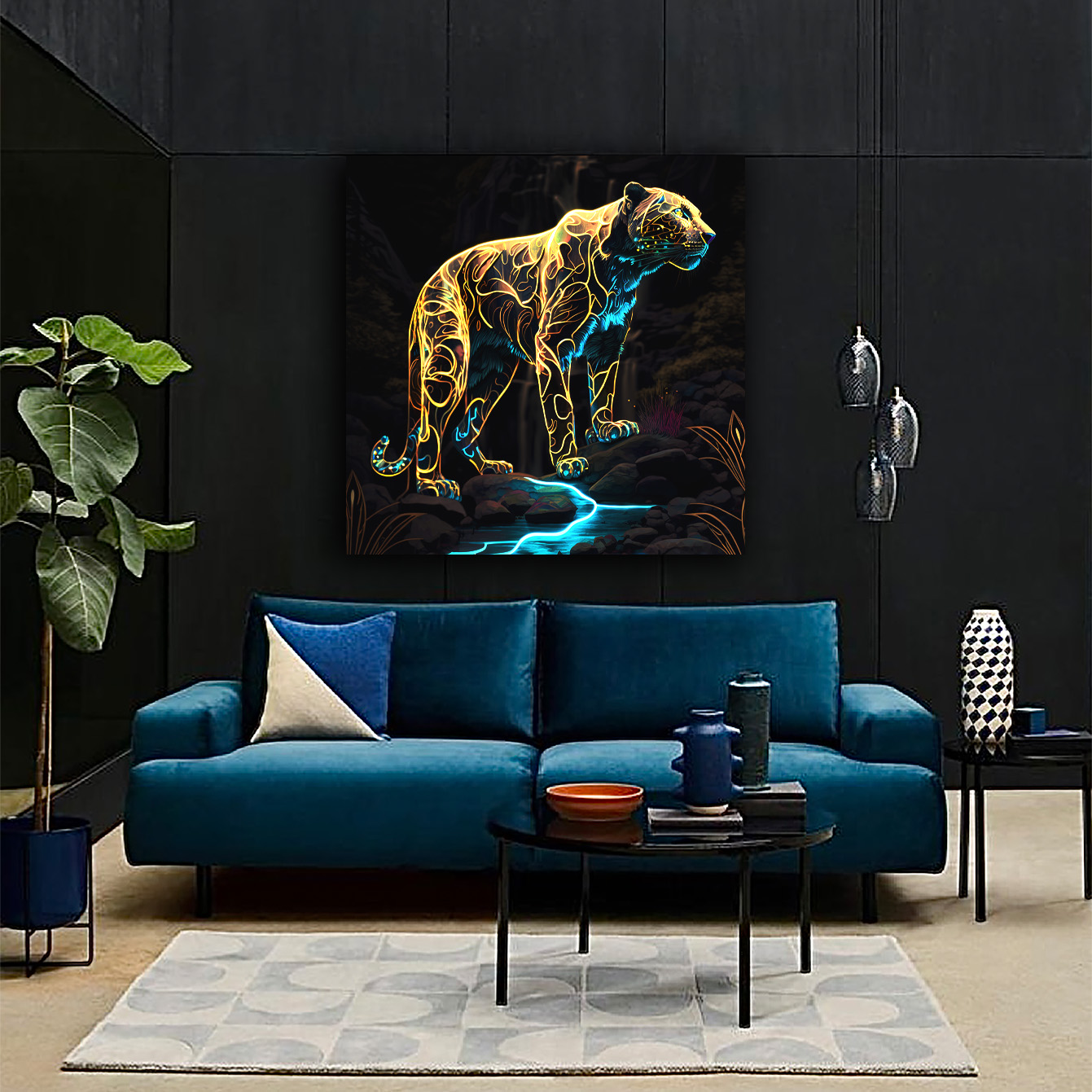 wandbild-neon-panther-tiere-abstrakt-flowersandmacro-wohnzimmer Wandbild Neon Panthera - Wohnzimmer