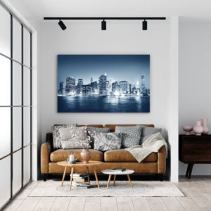 Wandbild New York in Blau im Wohnzimmer, Städte & Architektur