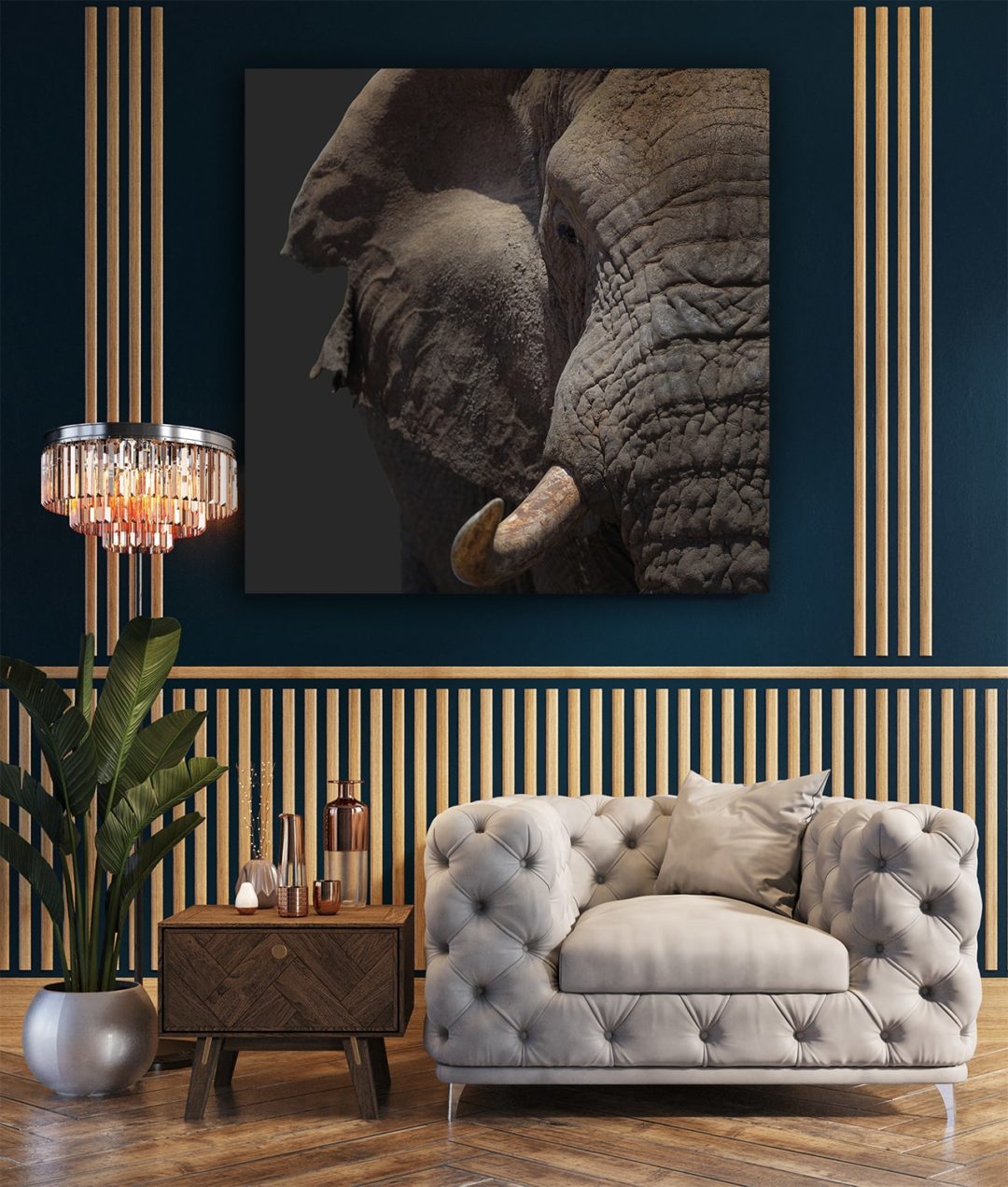 Wandbild Elefant farbig im Wohnzimmer, Tiere & Natur