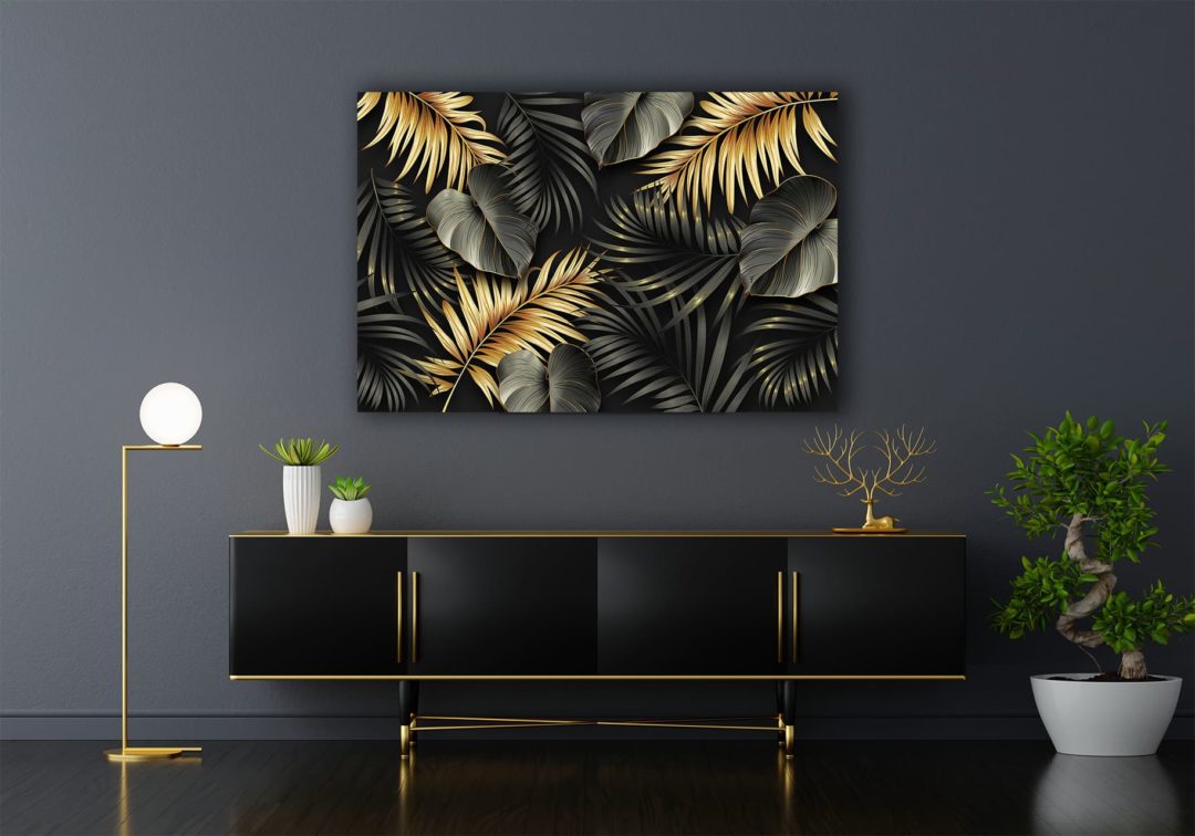 Wandbild Goldene Blätter im Flur, Natur & Abstrakt