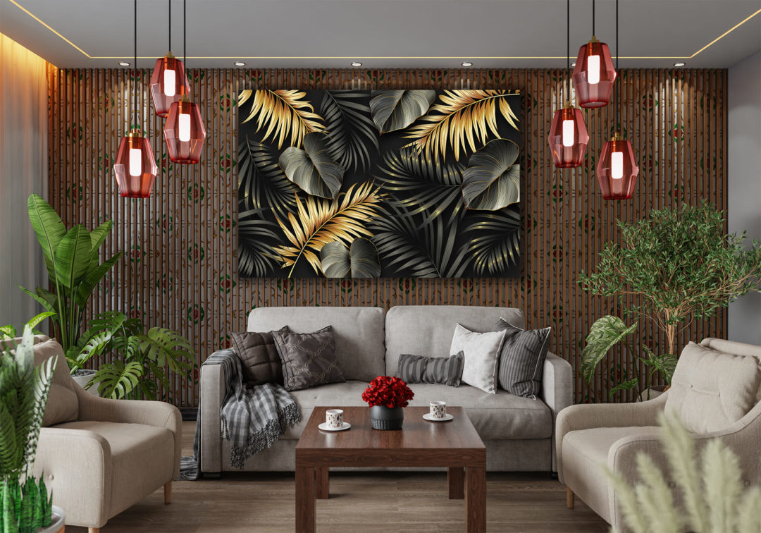 Wandbild Goldene Blätter im Wohnzimmer, Natur & Abstrakt