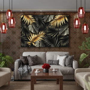 Wandbild Goldene Blätter im Wohnzimmer, Natur & Abstrakt