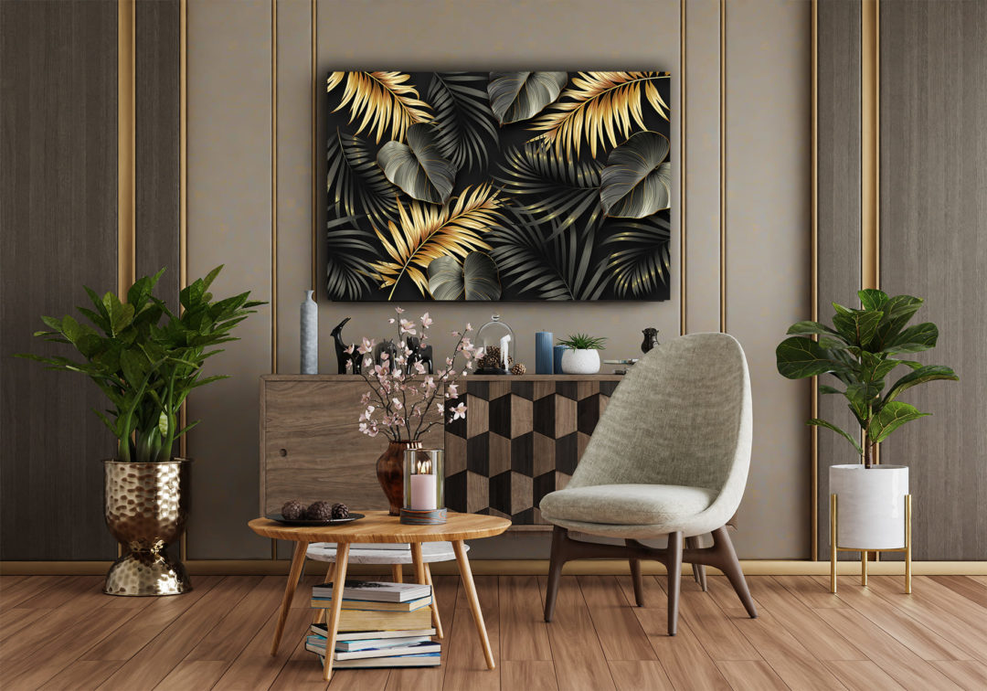 Wandbild Goldene Blätter im Wohnzimmer2, Natur & Abstrakt
