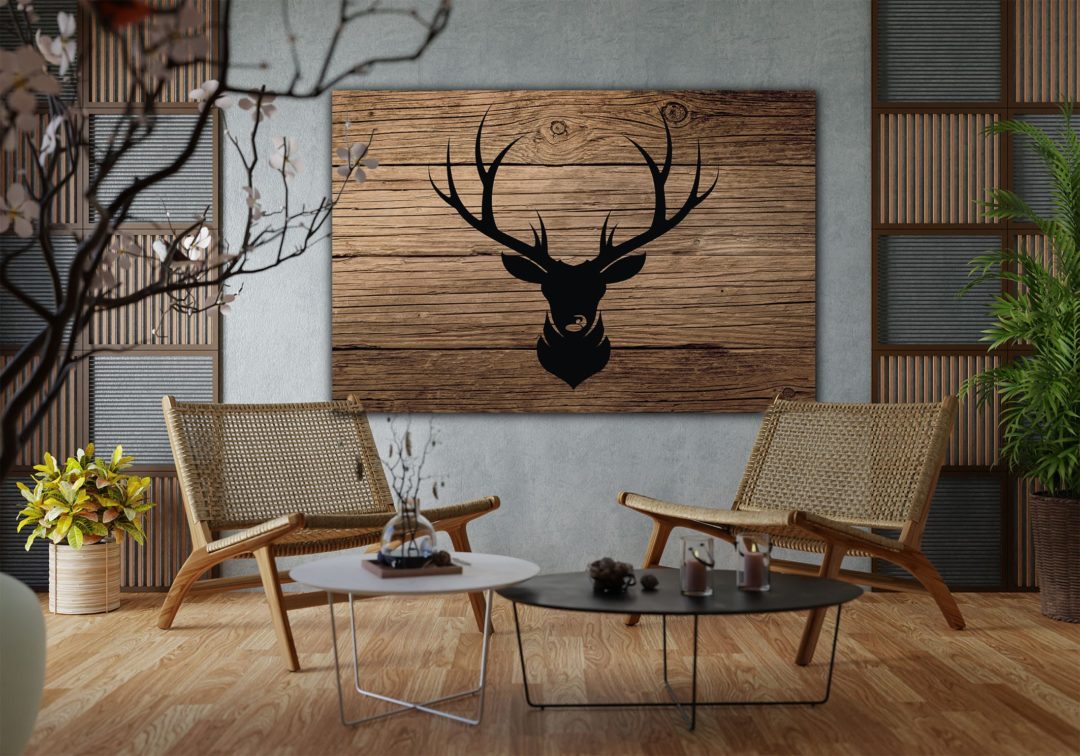 Wandbild Hirschsilhouette auf Holz im Wohnzimmer, Tiere & Natur