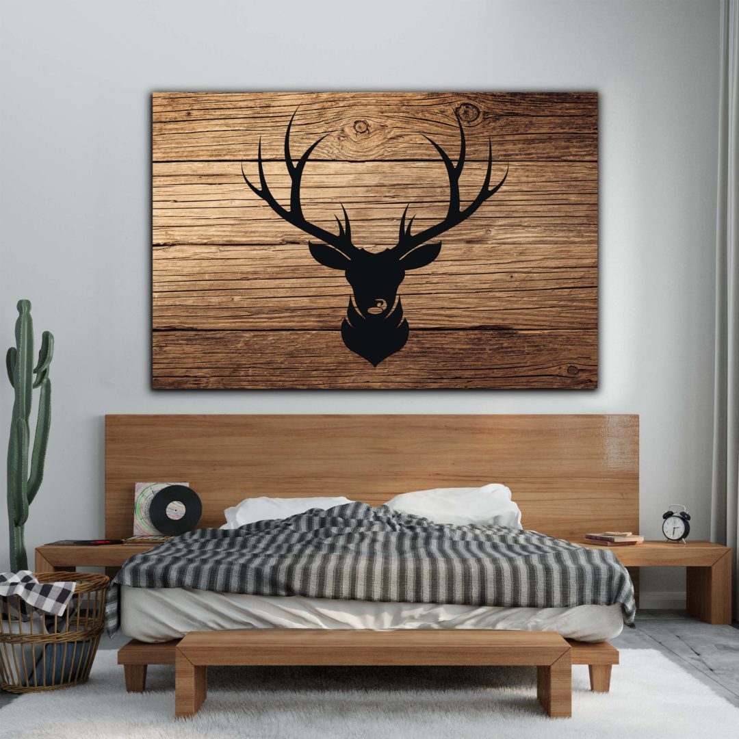 Wandbild Hirschsilhouette auf Holz im Schlafzimmer, Tiere & Natur