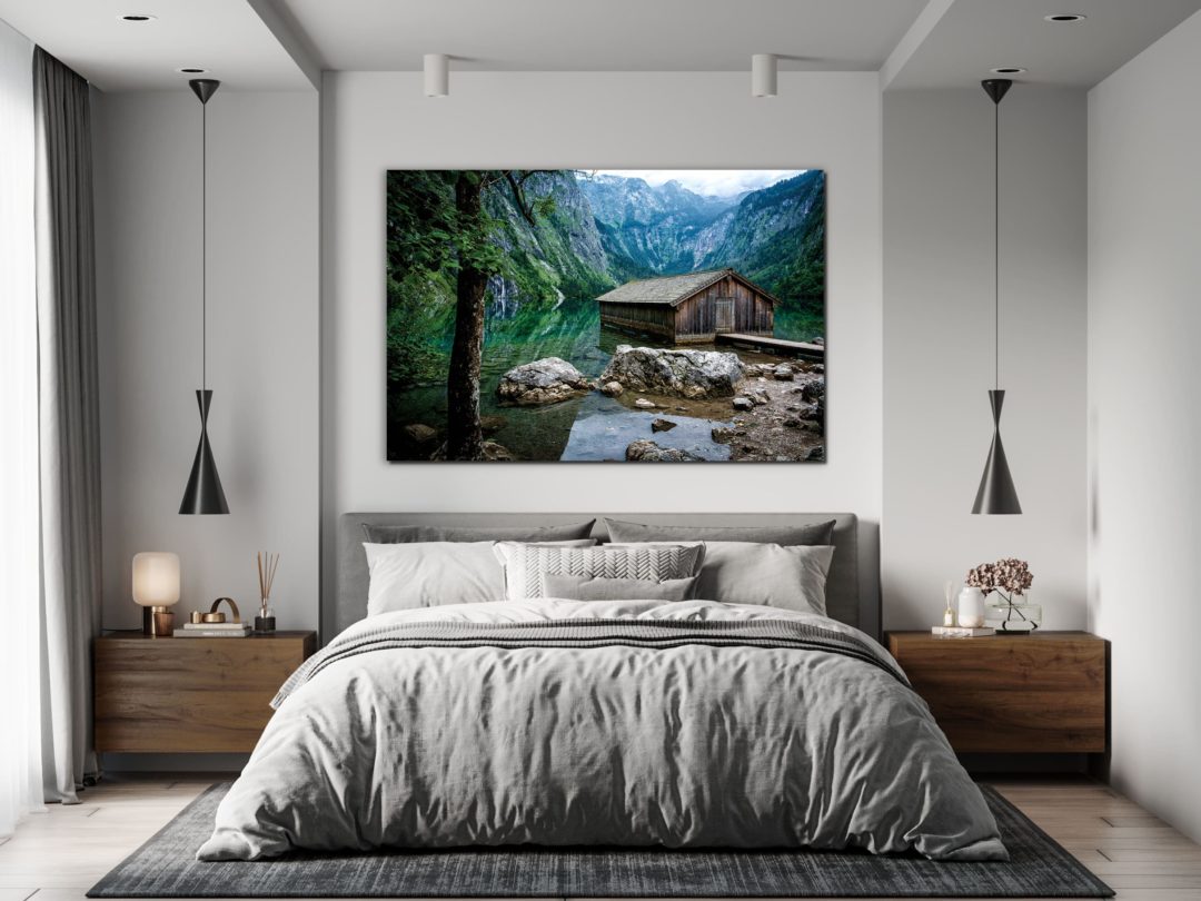 Wandbild Hütte am See im Schlafzimmer, Natur & Landschaft