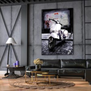 Wandbild Vespa weiß im Wohnzimmer, Abstrakt & Landschaft