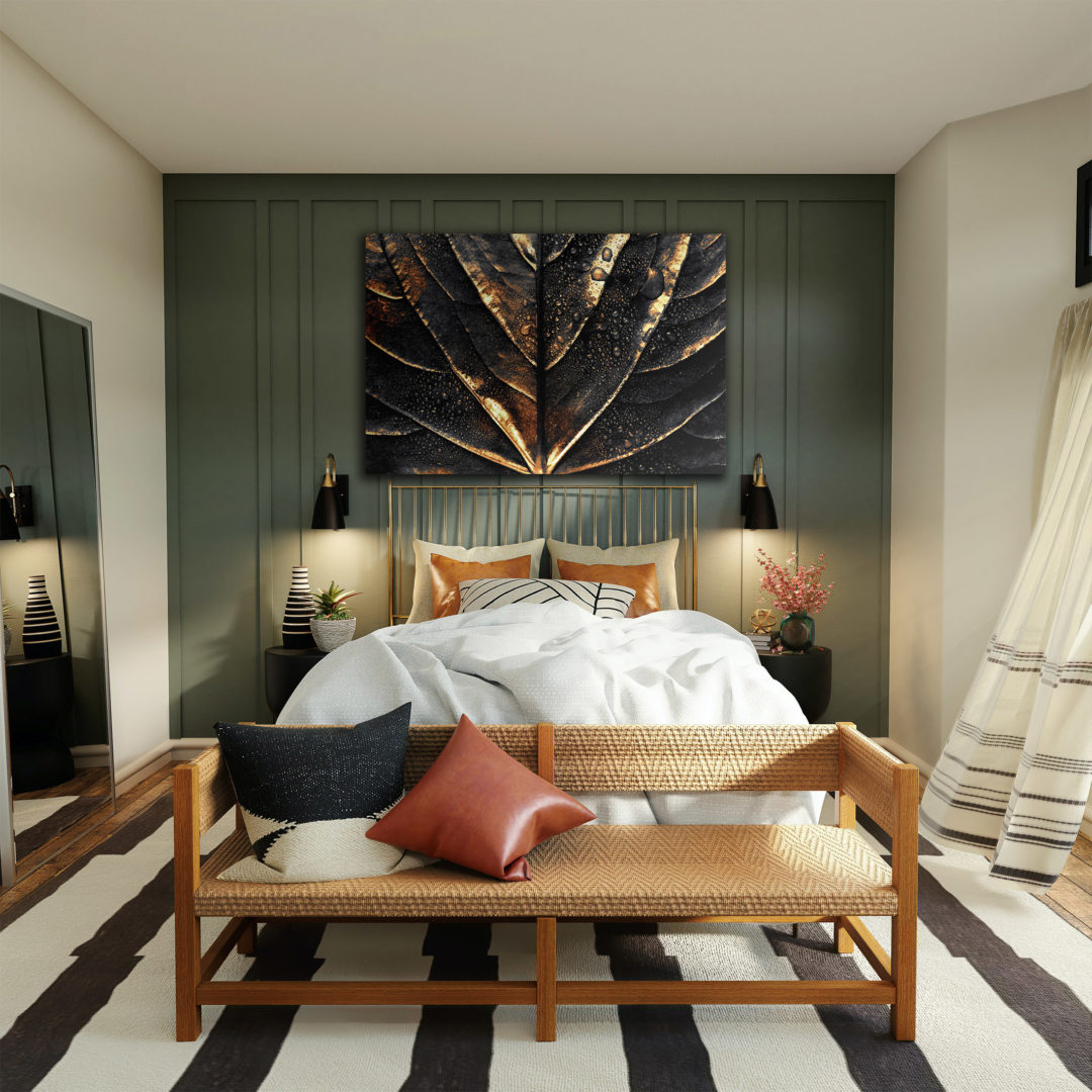 wandbild goldenes blatt abstrakt schlafzimmer