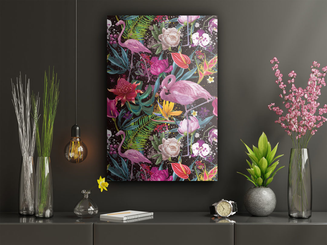 Wandbild exotischer Flamingo mit Blüten - Flur2